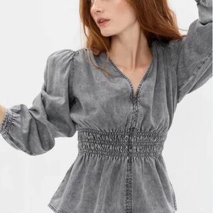 Gap Puff Sleeve Denim Peplum Top | Small | Grey Wash